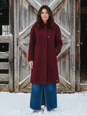 Vintage Marvin Richards Deep Cranberry Wool Coat with Real Fur Collar